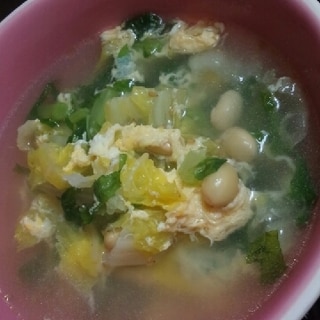 白菜と大根の葉と大豆の卵スープ